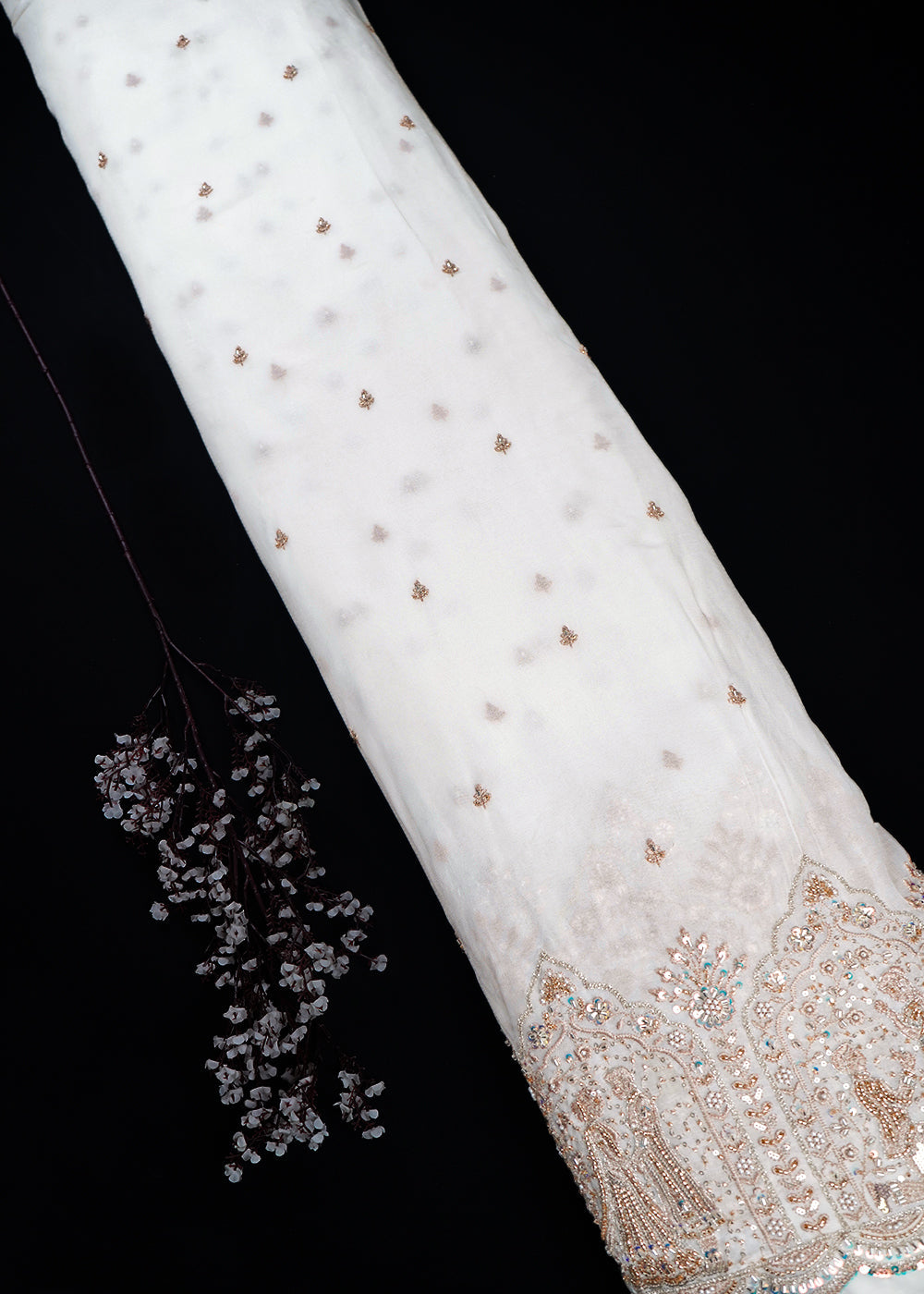 White Dyeable Georgette Fabric With All Over Zari, Sequins, Katdana And Bead Work With One Side Border 23958
