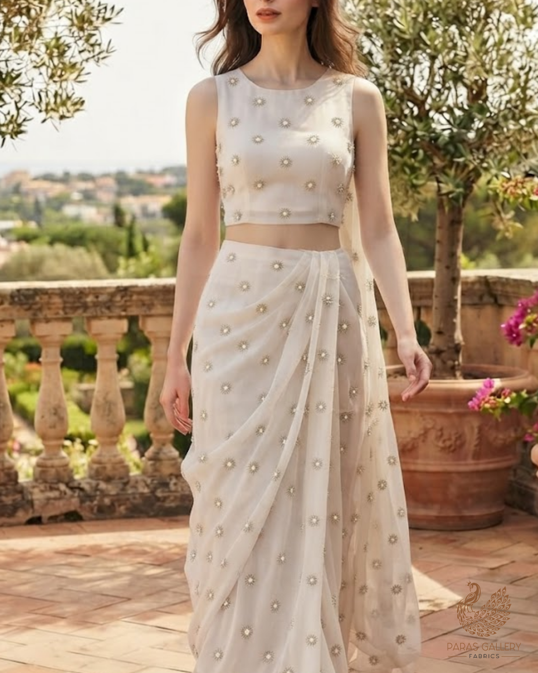 White Dyeable Georgette Fabric With All Over Buti Of Katdana Work 23959