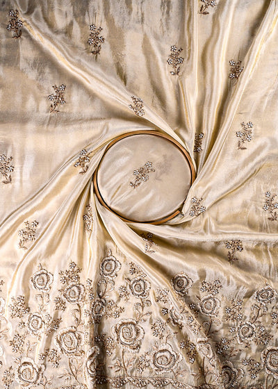 Golden Dyeable Tissue Fabric With All Over Thread, Zari, Sequins, Katdana And Bead Work With One Side Border 23960