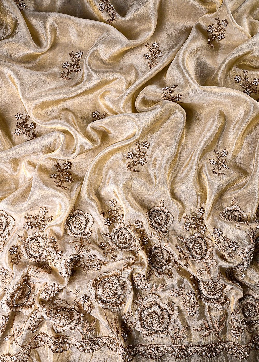 Golden Dyeable Tissue Fabric With All Over Thread, Zari, Sequins, Katdana And Bead Work With One Side Border 23960