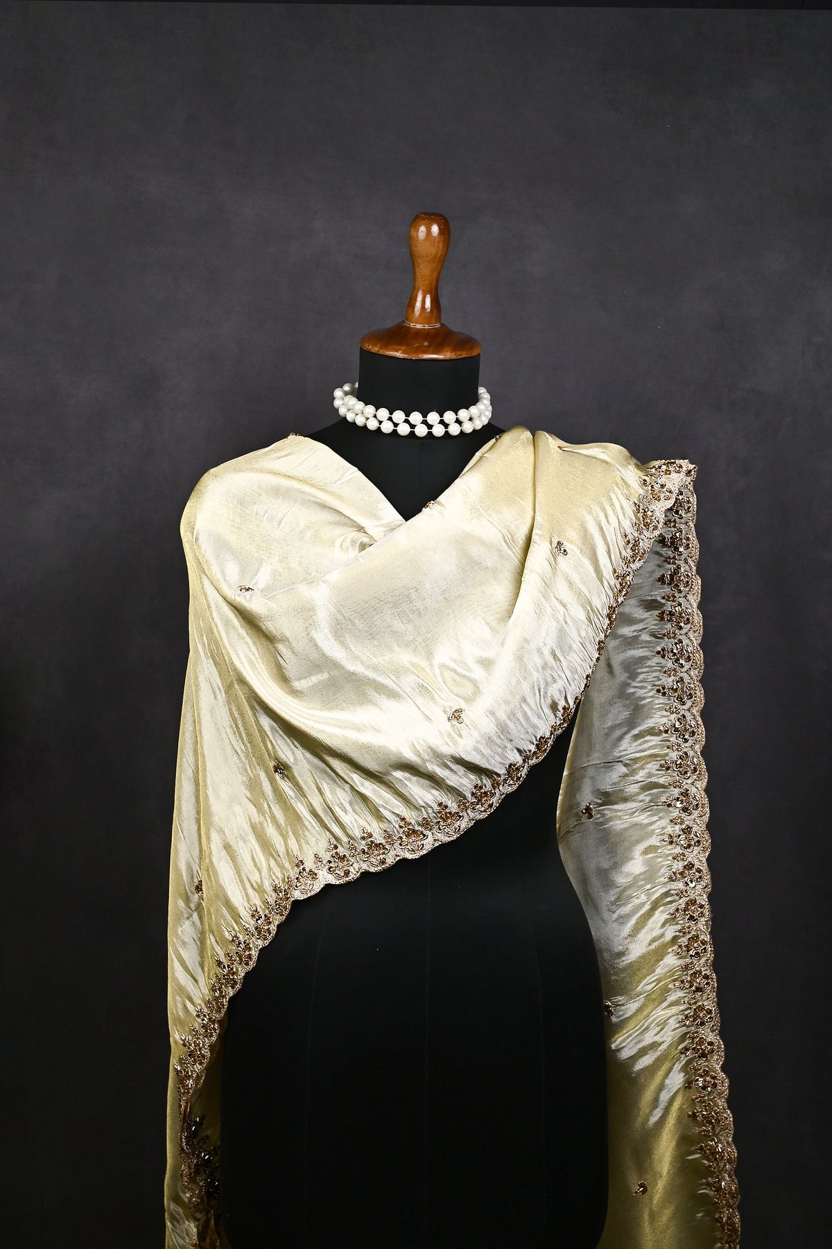 Golden Dyeable Tissue Dupatta All Over Zari, Sequins And Katdana Work 23962