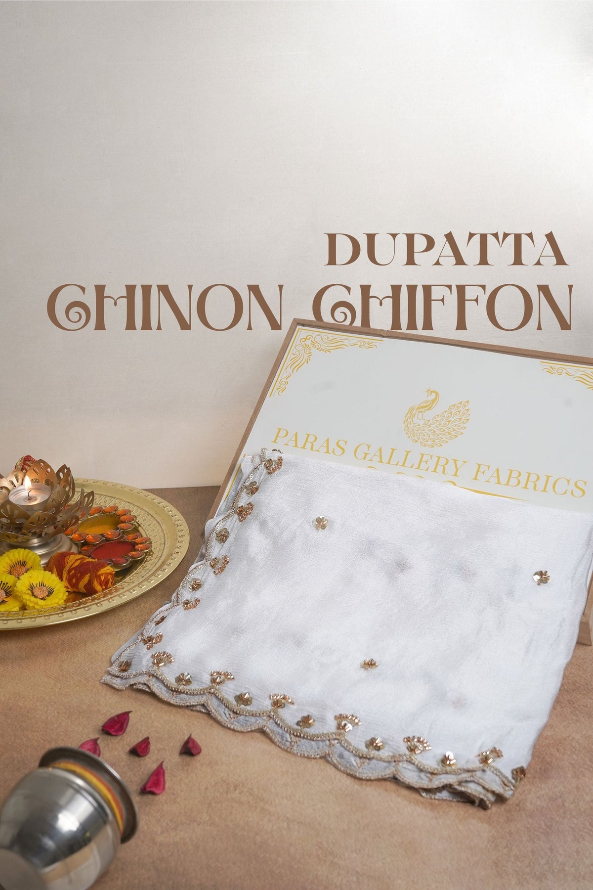 White Dyeable Chhinon Chiffon Dupatta All Over Zari, Sequins And Katdana Work 23971