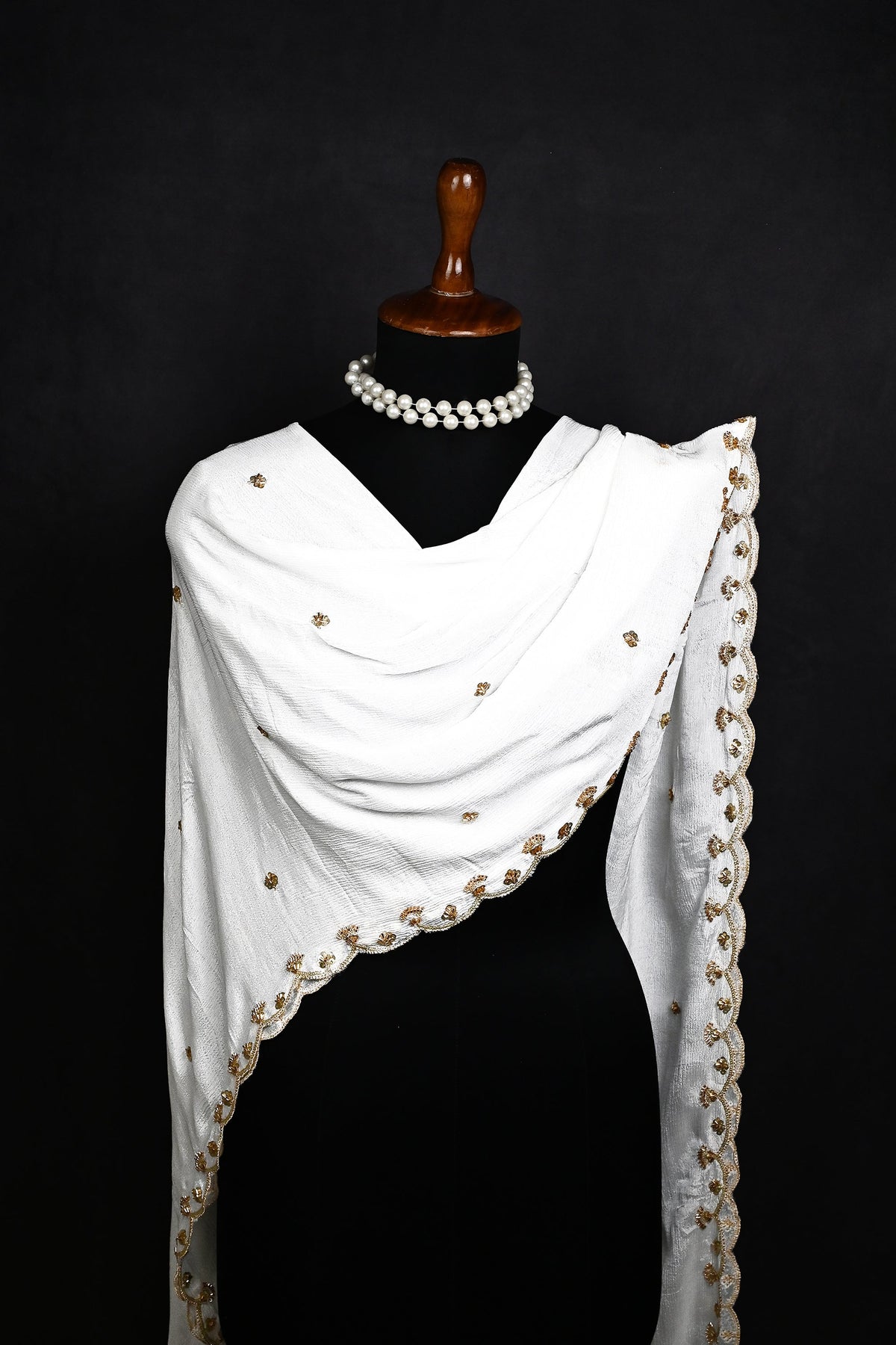 White Dyeable Chhinon Chiffon Dupatta All Over Zari, Sequins And Katdana Work 23971