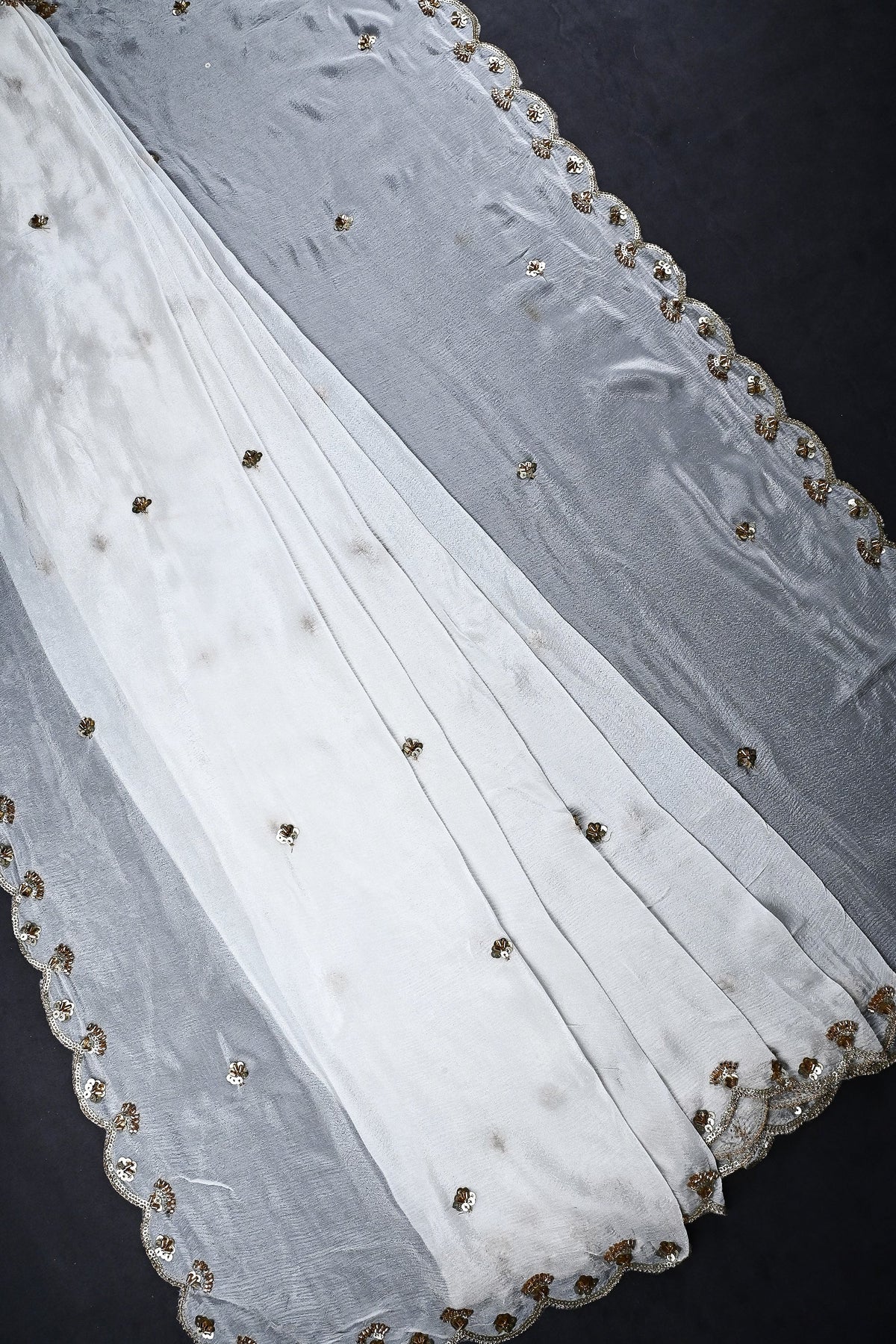 White Dyeable Chhinon Chiffon Dupatta All Over Zari, Sequins And Katdana Work 23971