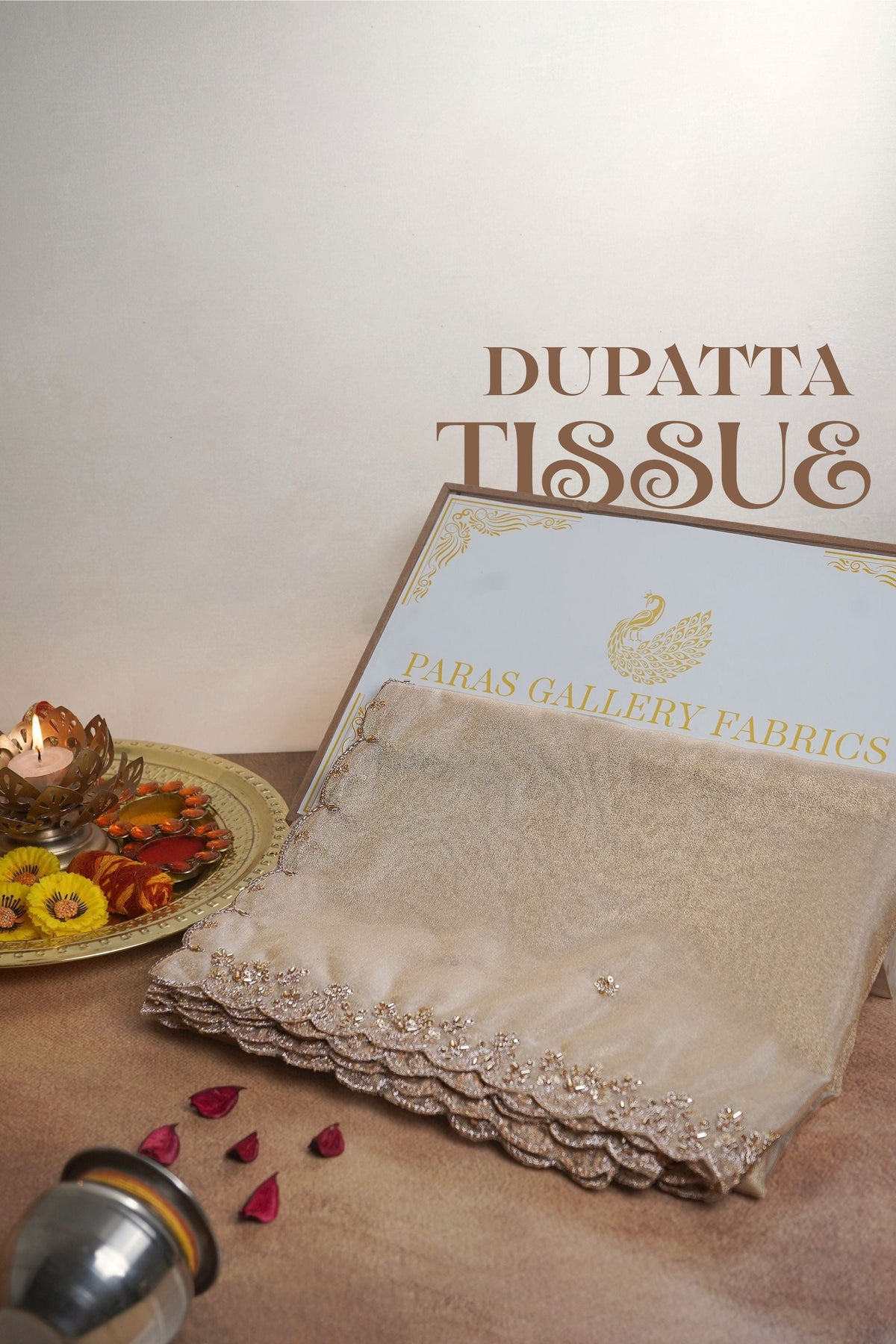 Golden Dyeable Tissue Dupatta All Over Zari, Sequins And Katdana Work 23972