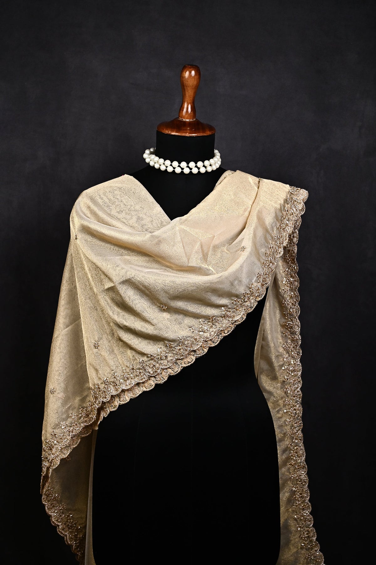 Golden Dyeable Tissue Dupatta All Over Zari, Sequins And Katdana Work 23972