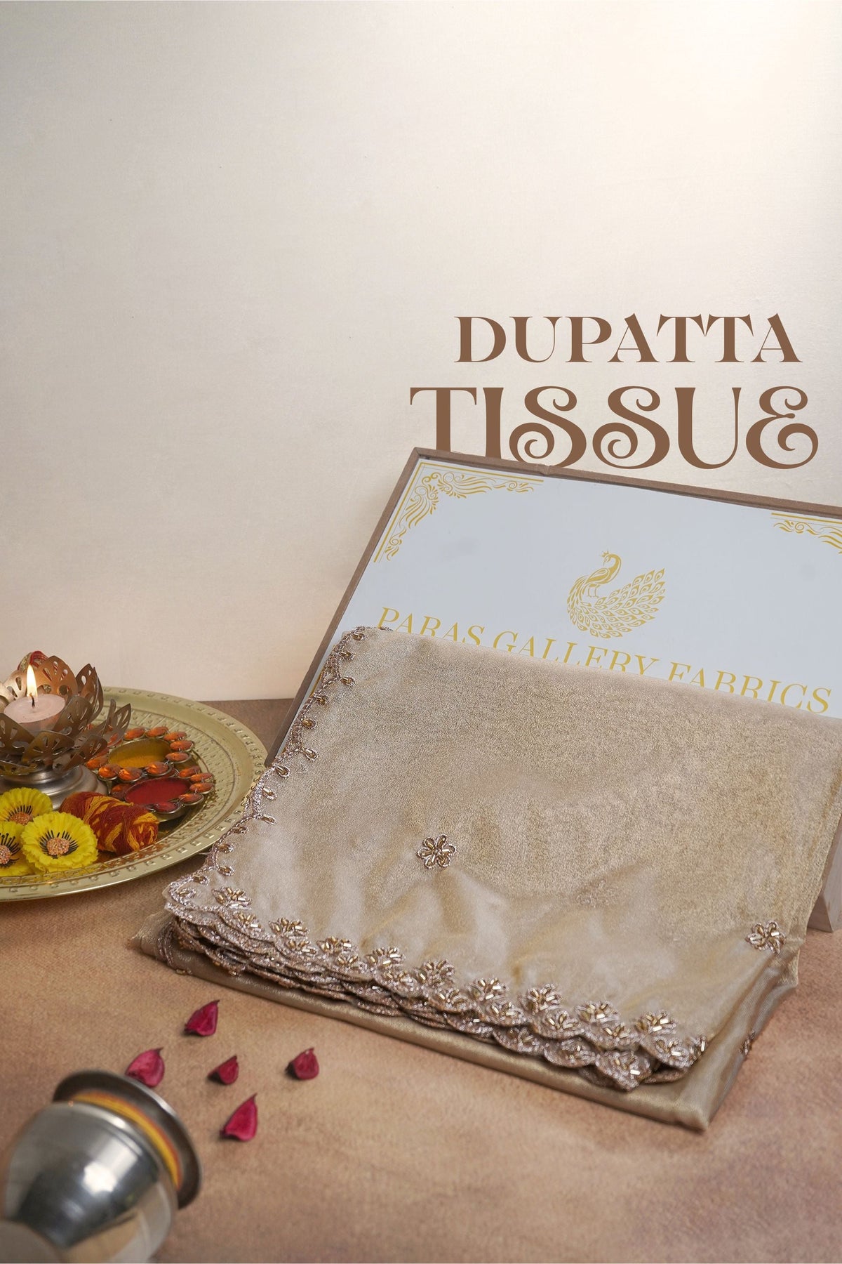 Golden Dyeable Tissue Dupatta All Over Zari, Sequins And Katdana Work 23973