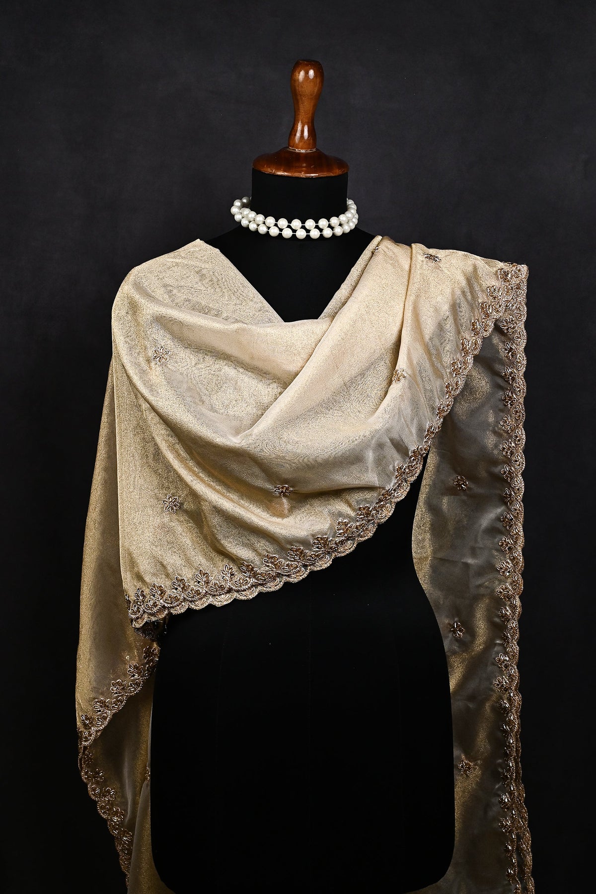 Golden Dyeable Tissue Dupatta All Over Zari, Sequins And Katdana Work 23973