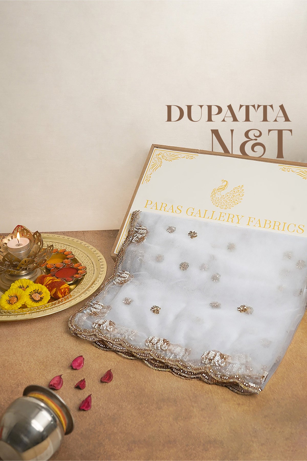 White Dyeable Net Dupatta All Over Zari, Sequins And Katdana Work 23977