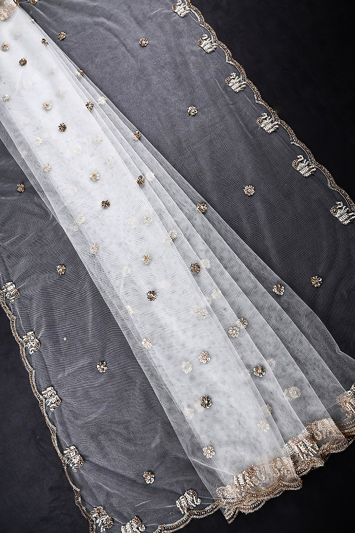White Dyeable Net Dupatta All Over Zari, Sequins And Katdana Work 23977