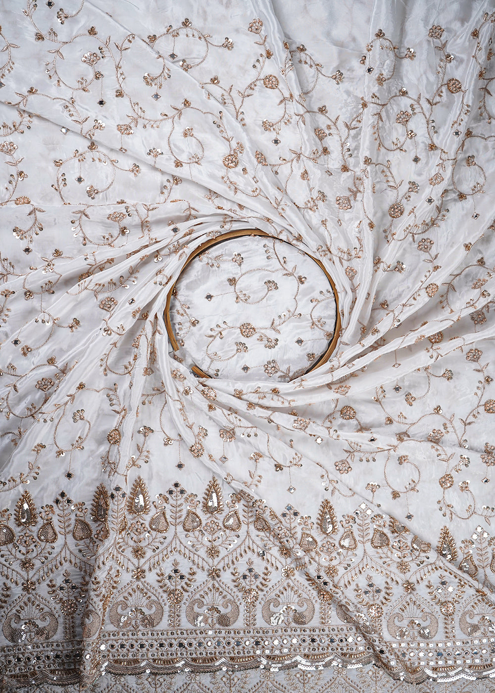 White Dyeable Crepe Fabric With All Over Zari, Sequins, Katdana, Bead And Faux Mirror Work With One Side Border 23979