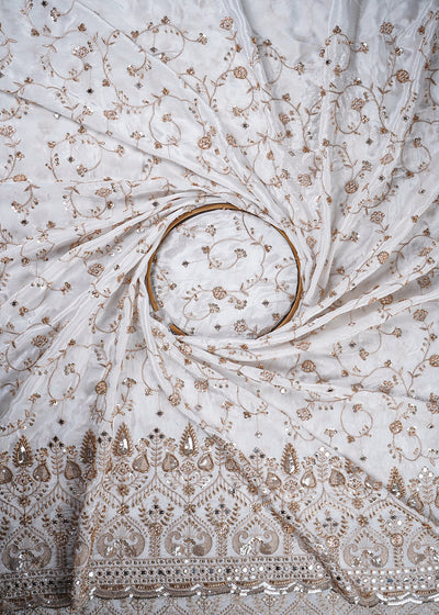 White Dyeable Crepe Fabric With All Over Zari, Sequins, Katdana, Bead And Faux Mirror Work With One Side Border 23979