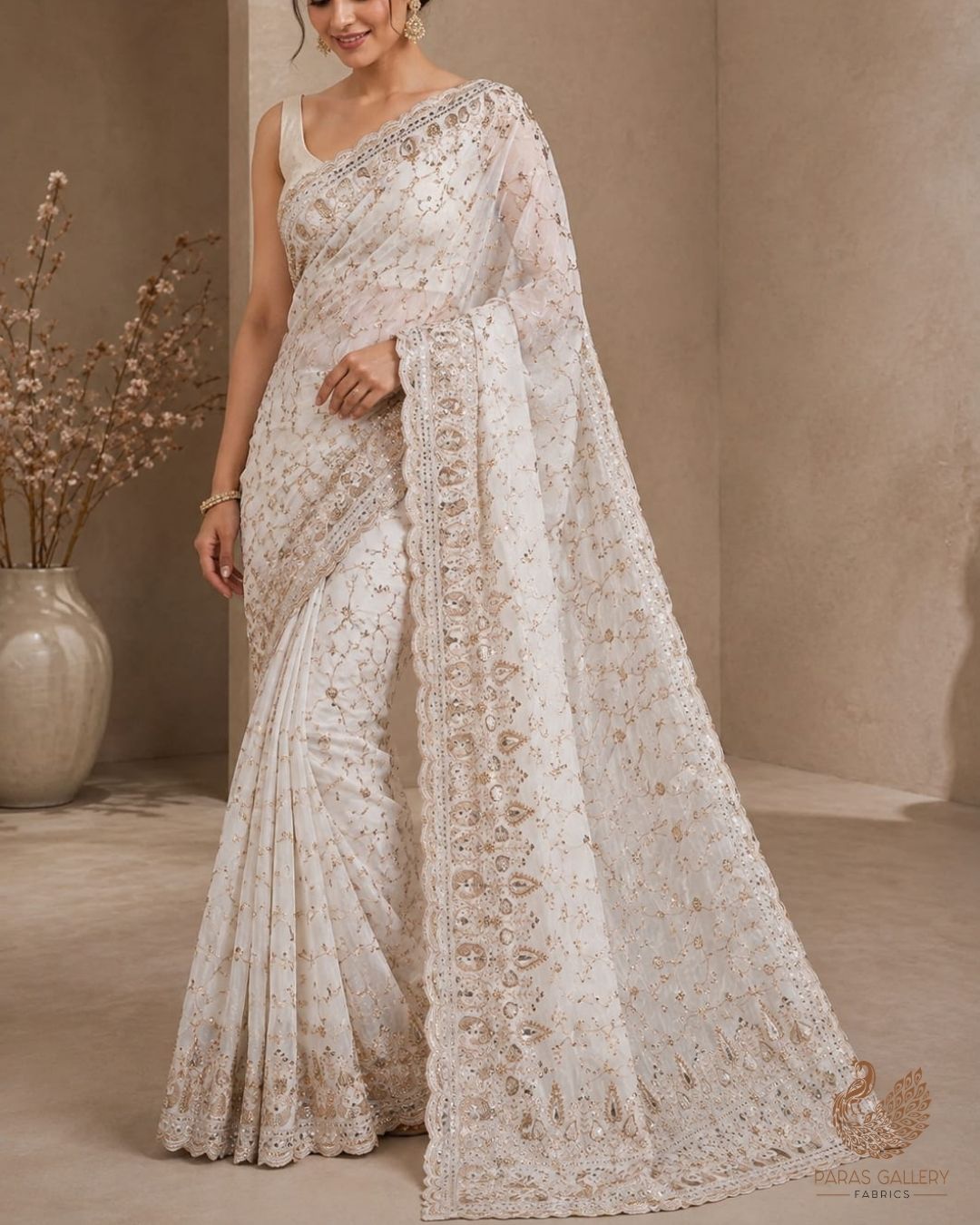 White Dyeable Crepe Fabric With All Over Zari, Sequins, Katdana, Bead And Faux Mirror Work With One Side Border 23979