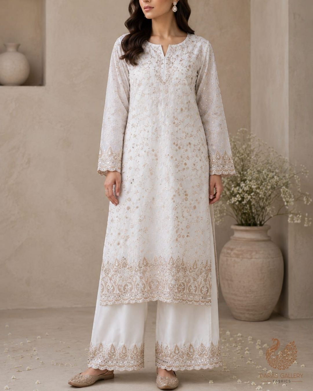 White Dyeable Crepe Fabric With All Over Zari, Sequins, Katdana, Bead And Faux Mirror Work With One Side Border 23979
