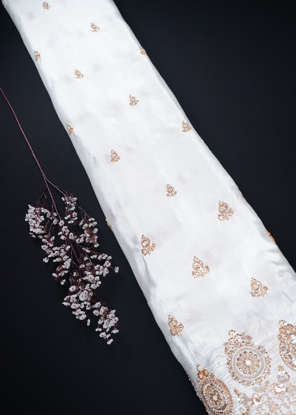 White Dyeable Crepe Fabric With All Over Zari, Sequins And Katdana Work With One Side Border 23981