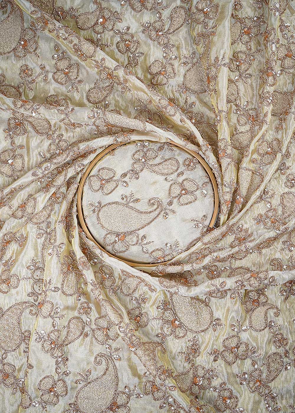 Golden Dyeable Tissue Fabric With All Over Zari, Sequins And Katdana Work 23984