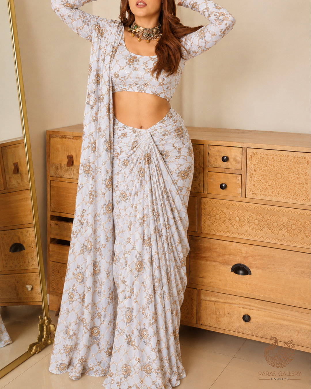 White Dyeable Crepe Fabric With All Over Zari, Sequins, Katdana And Bead Work 23986