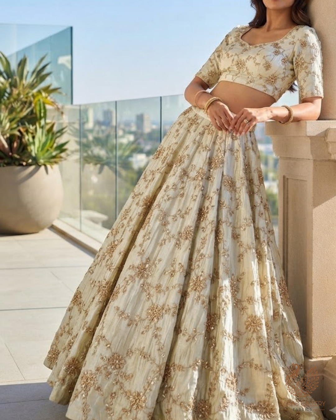Golden Dyeable Tissue Fabric With All Over Zari, Sequins, Katdana And Bead Work 23988