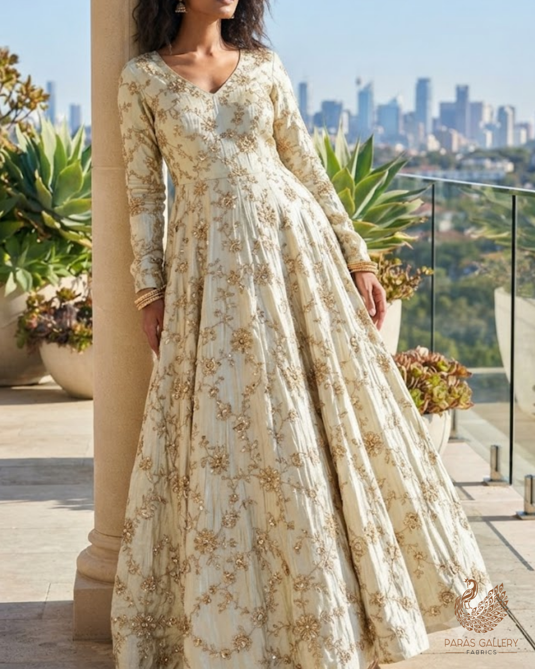 Golden Dyeable Tissue Fabric With All Over Zari, Sequins, Katdana And Bead Work 23988