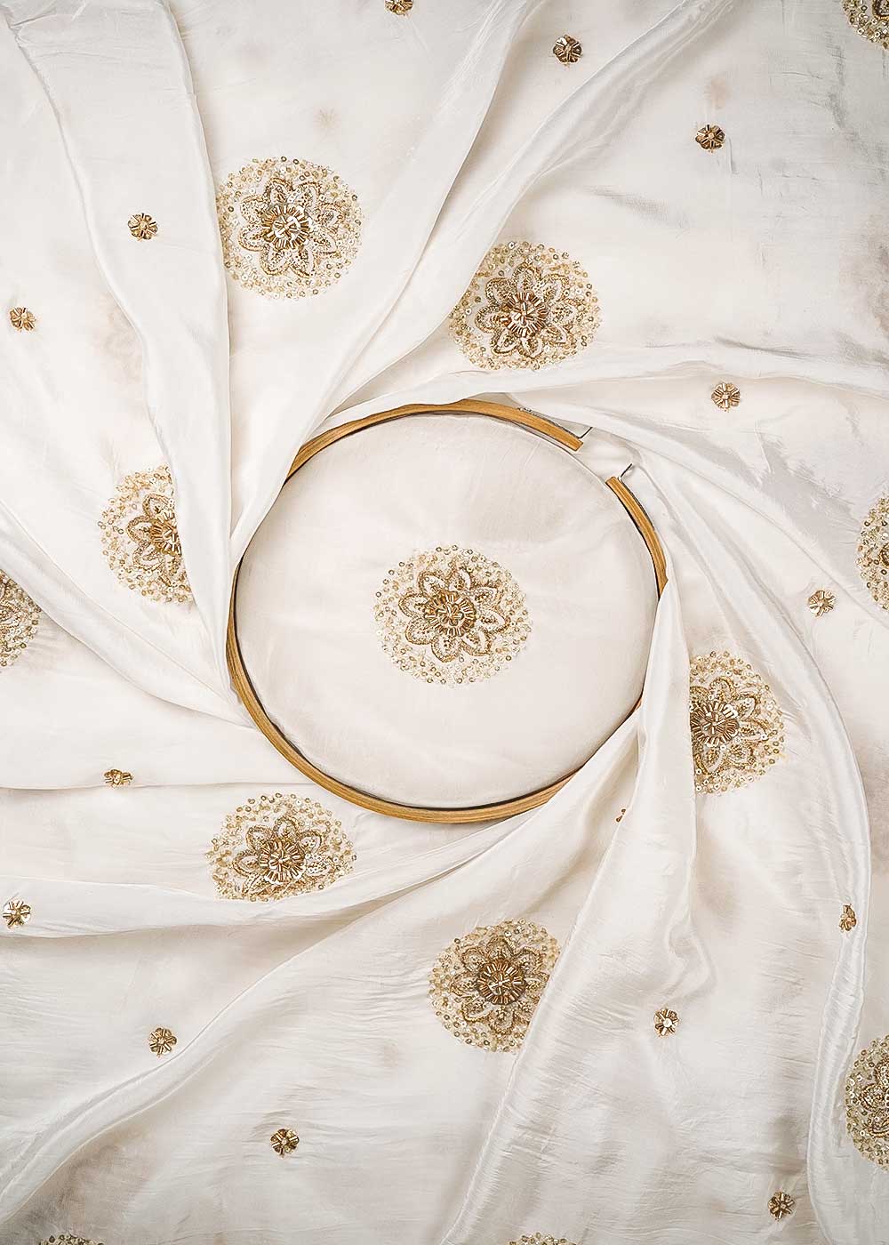 White Dyeable Crepe Fabric With All Over Buti Of Zari, Sequins And Katdana Work 23989