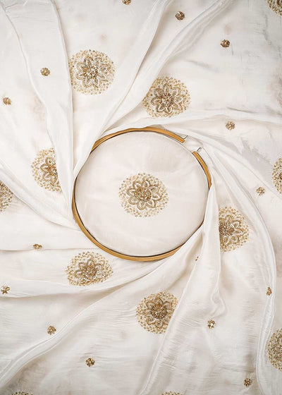 White Dyeable Crepe Fabric With All Over Buti Of Zari, Sequins And Katdana Work 23989