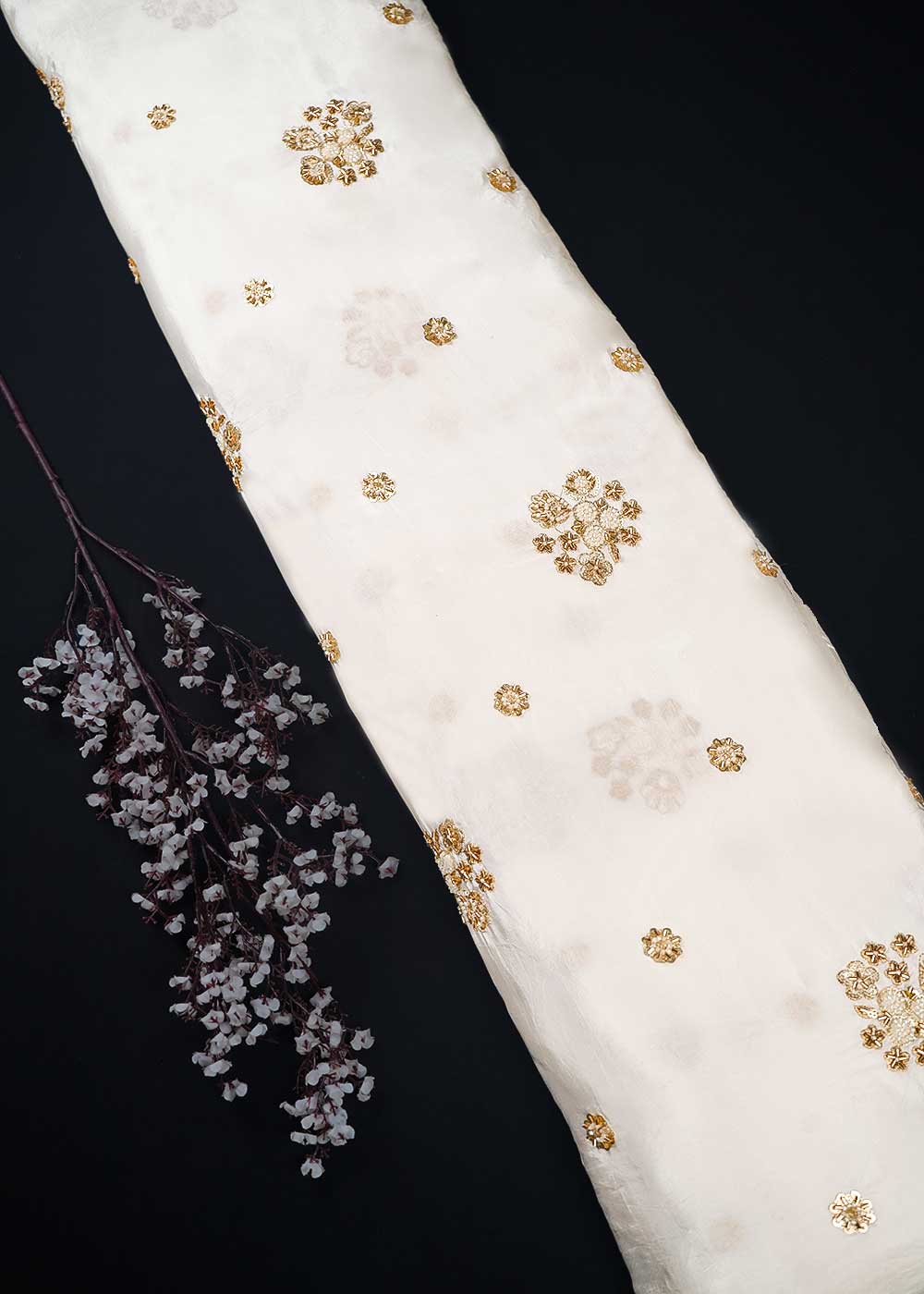 White Dyeable Crepe Fabric With All Over Buti Of Zari, Sequins And Katdana Work 23990