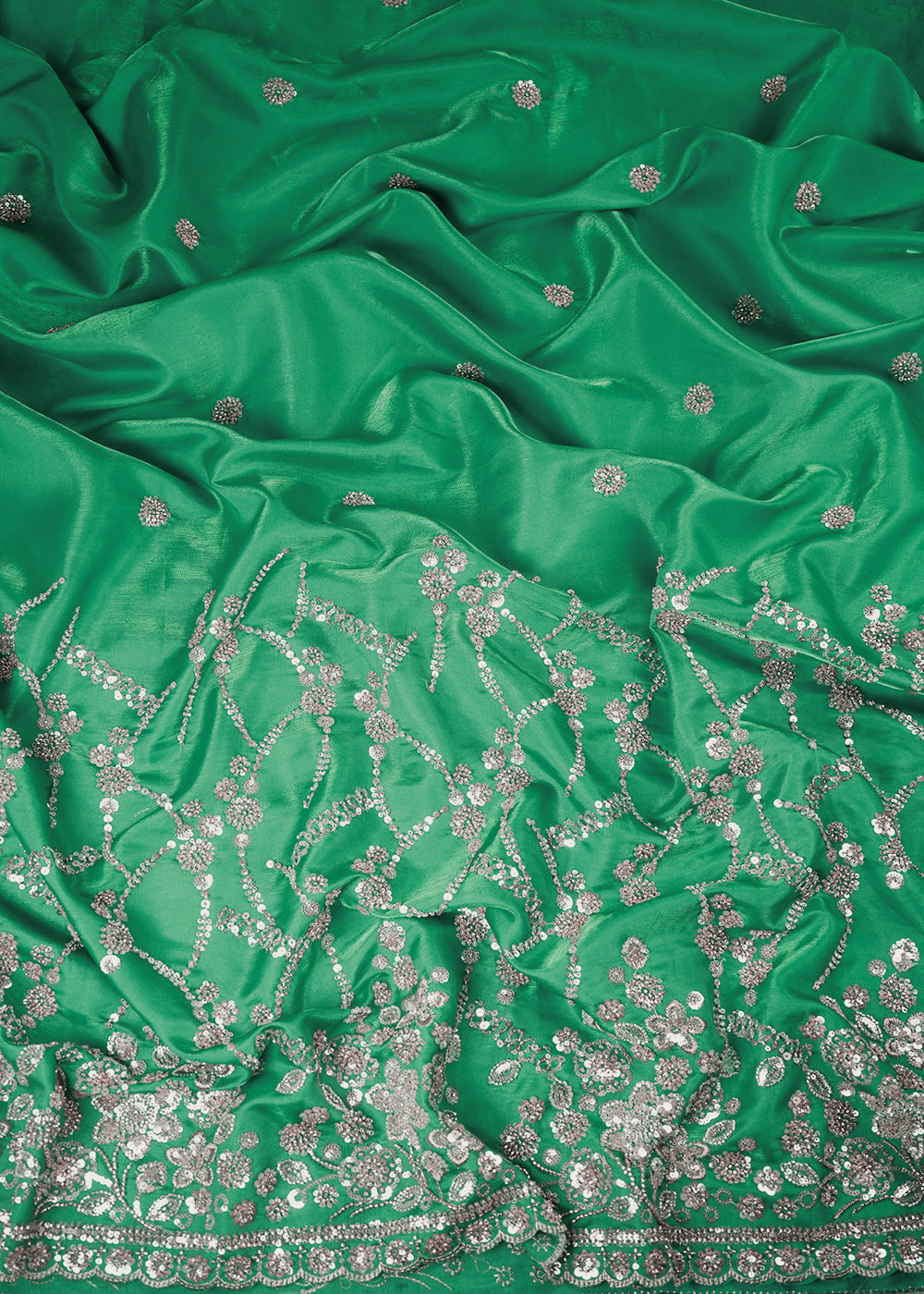 Rama Green Silk Fabric With All Over Zari, Sequins And Katdana Work With One Side Border 23995