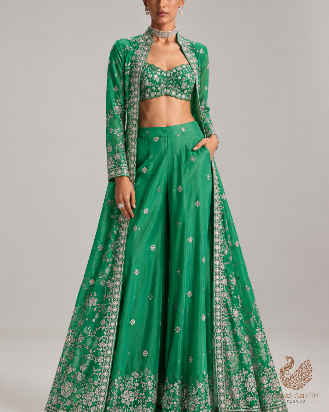 Rama Green Silk Fabric With All Over Zari, Sequins And Katdana Work With One Side Border 23995