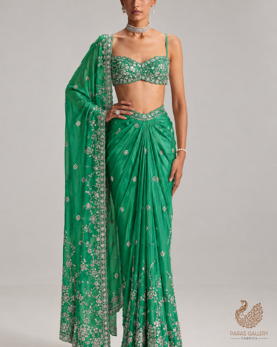 Rama Green Silk Fabric With All Over Zari, Sequins And Katdana Work With One Side Border 23995