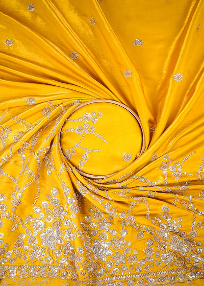 Mustard Silk Fabric With All Over Zari, Sequins And Katdana Work With One Side Border 23996