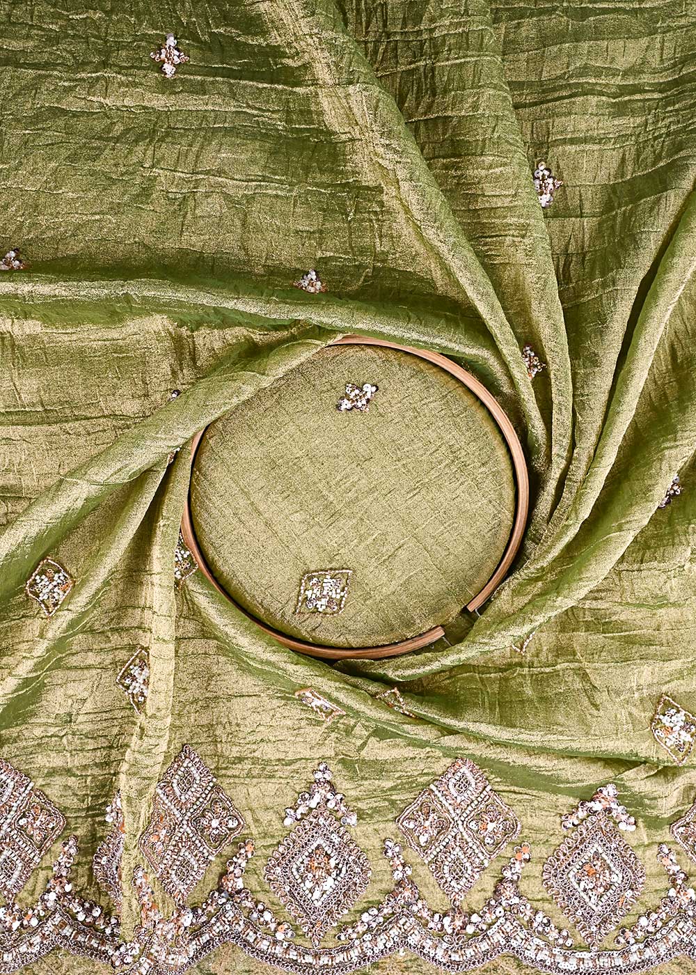 Pista Green Crushed Tissue Fabric With All Over Zari, Sequins, Katdana And Bead Work 23997