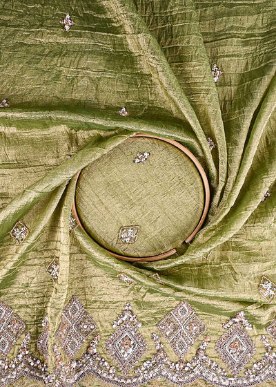 Pista Green Crushed Tissue Fabric With All Over Zari, Sequins, Katdana And Bead Work 23997
