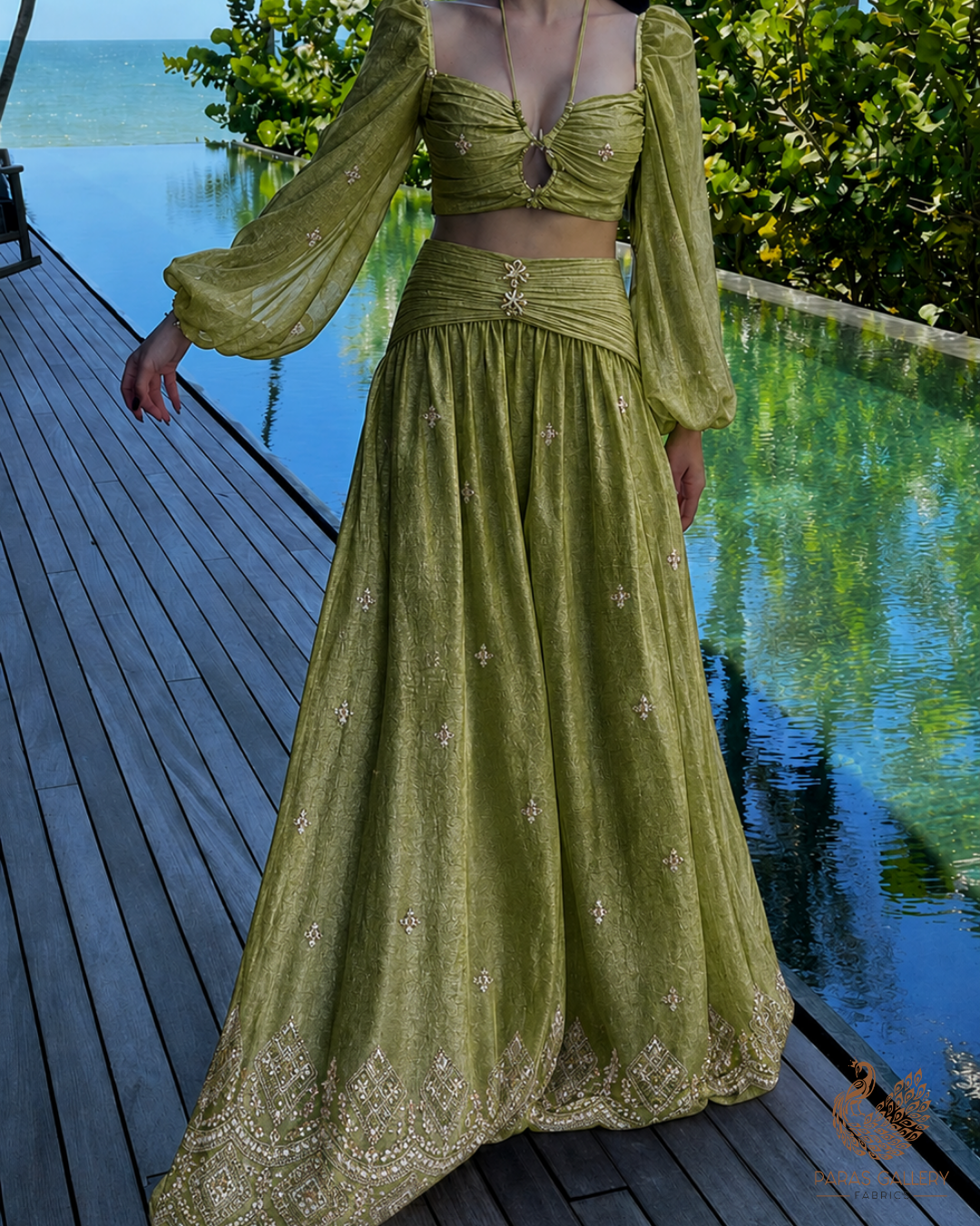 Pista Green Crushed Tissue Fabric With All Over Zari, Sequins, Katdana And Bead Work 23997