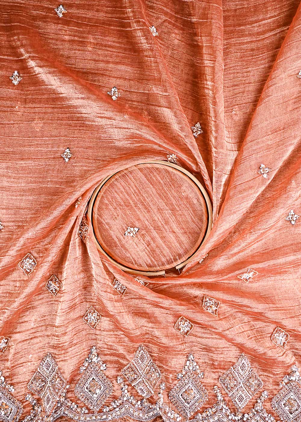 Rust Orange Crushed Tissue Fabric With All Over Zari, Sequins, Katdana And Bead Work 23998