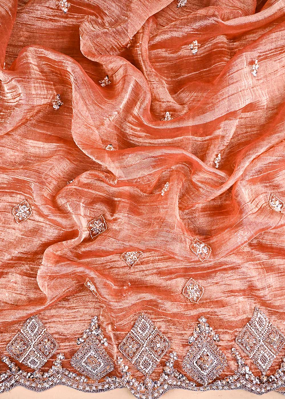 Rust Orange Crushed Tissue Fabric With All Over Zari, Sequins, Katdana And Bead Work 23998