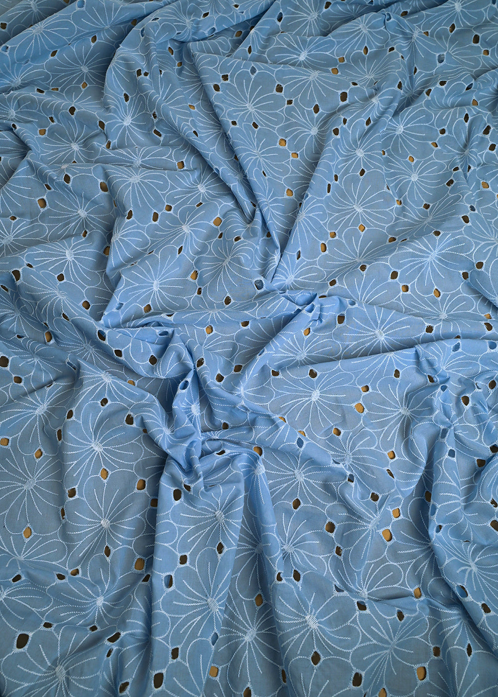 Powder Blue Cotton Fabric With All Over Thread And Cutwork 24001