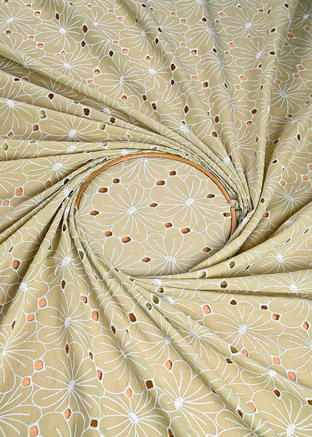 Light Green Cotton Fabric With All Over Thread And Cutwork 24002