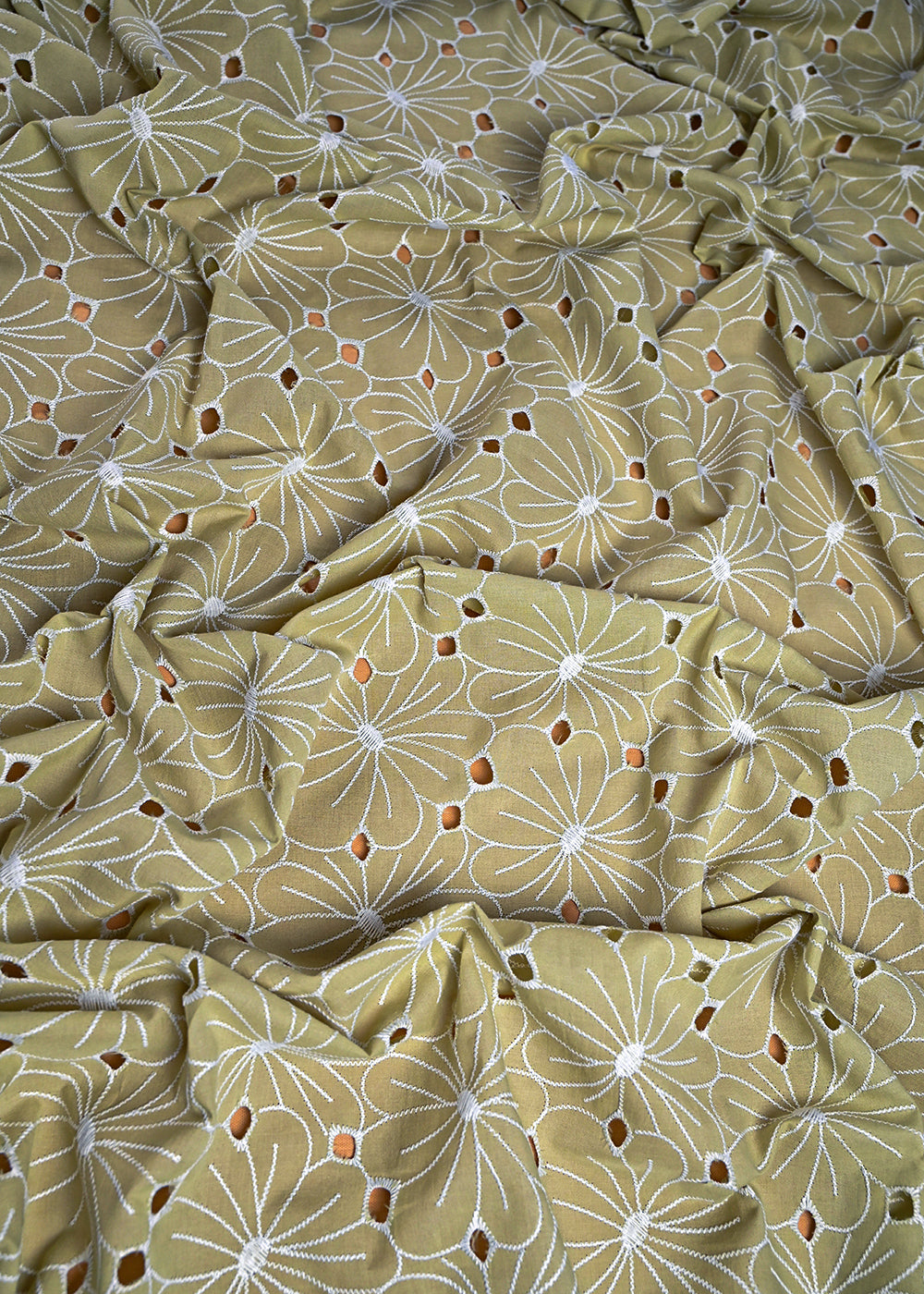 Light Green Cotton Fabric With All Over Thread And Cutwork 24002