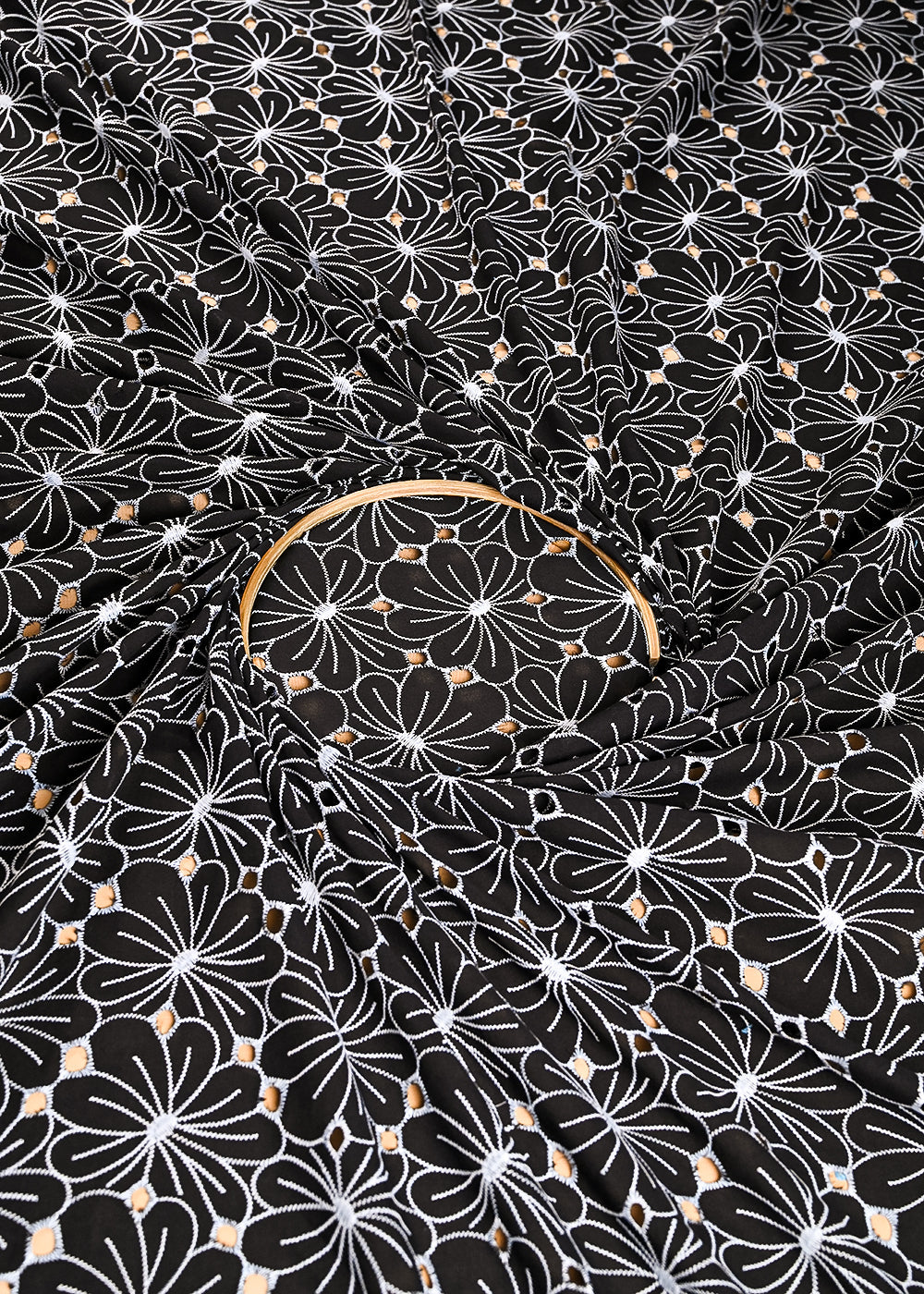 Black Cotton Fabric With All Over Thread And Cutwork 24005
