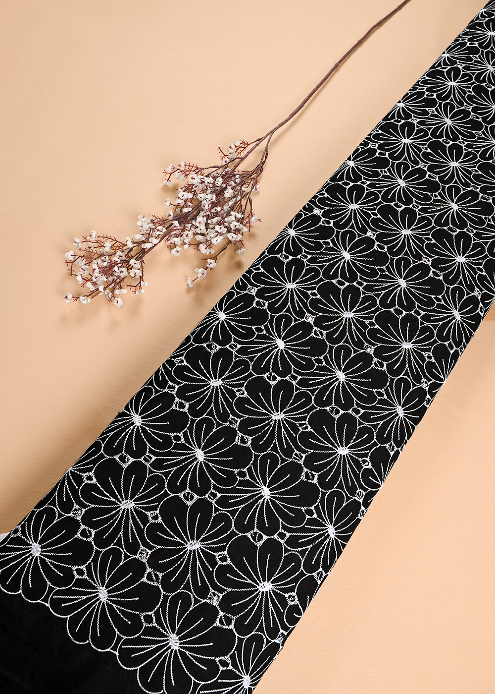 Black Cotton Fabric With All Over Thread And Cutwork 24005