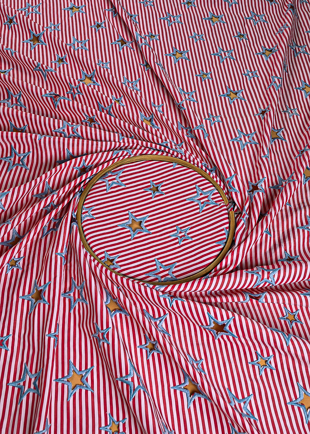 Red Cotton Fabric With All Over Stripes, Thread And Cutwork 24008