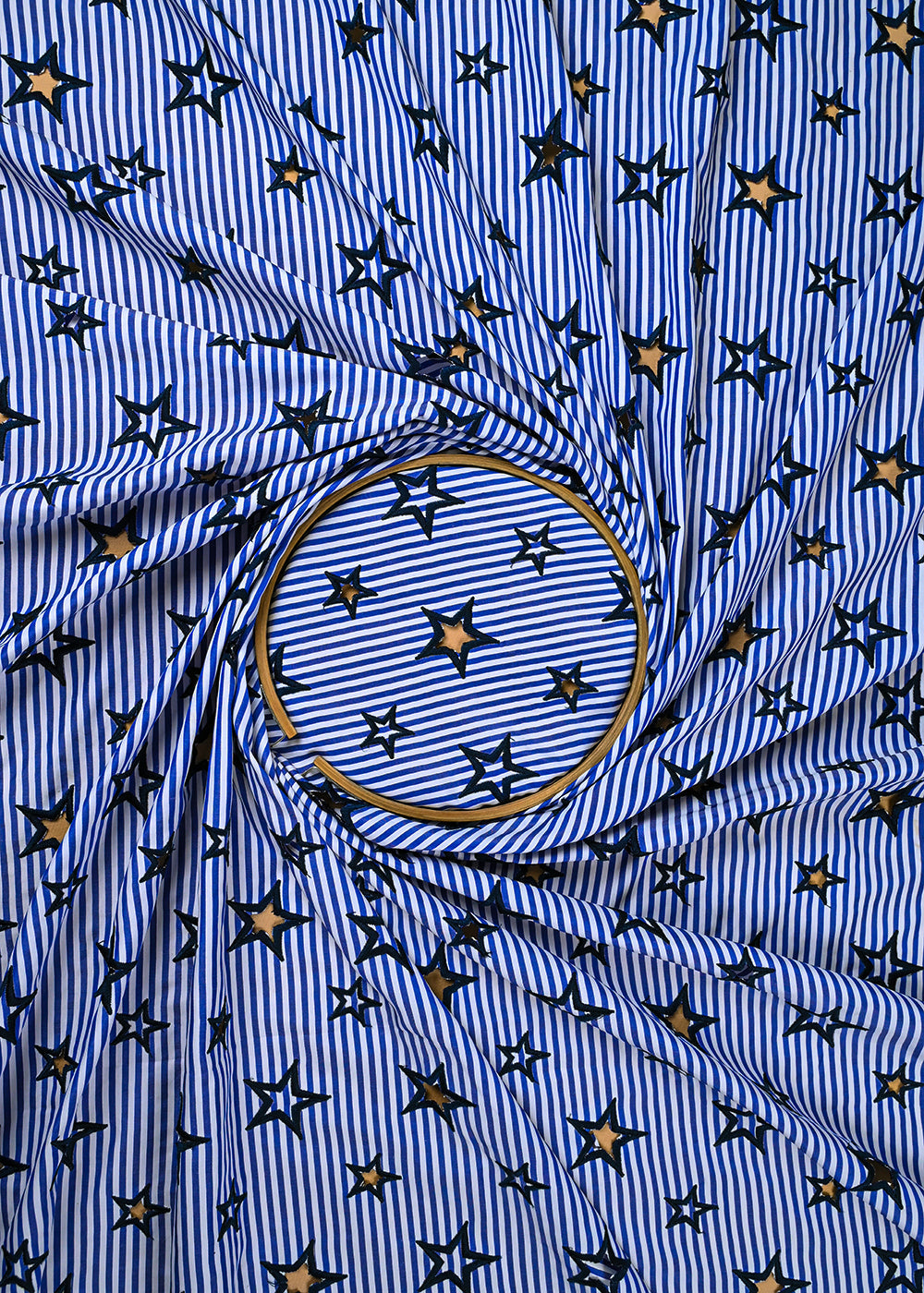 Blue Cotton Fabric With All Over Stripes, Thread And Cutwork 24009