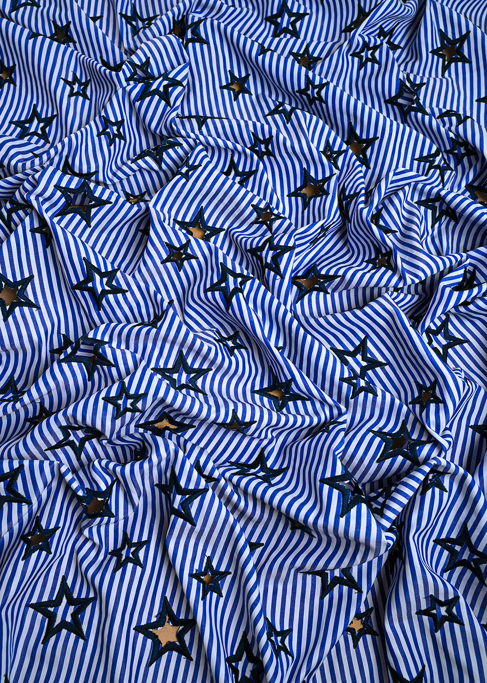 Blue Cotton Fabric With All Over Stripes, Thread And Cutwork 24009