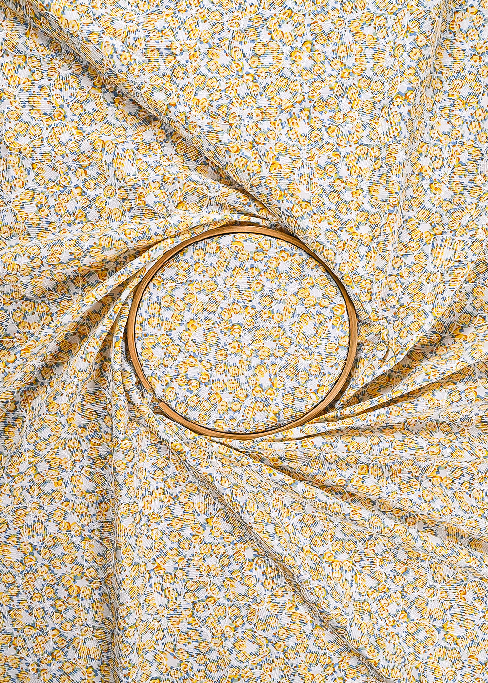Off White Cotton Fabric With All Over Floral Print And Thread Work 24010