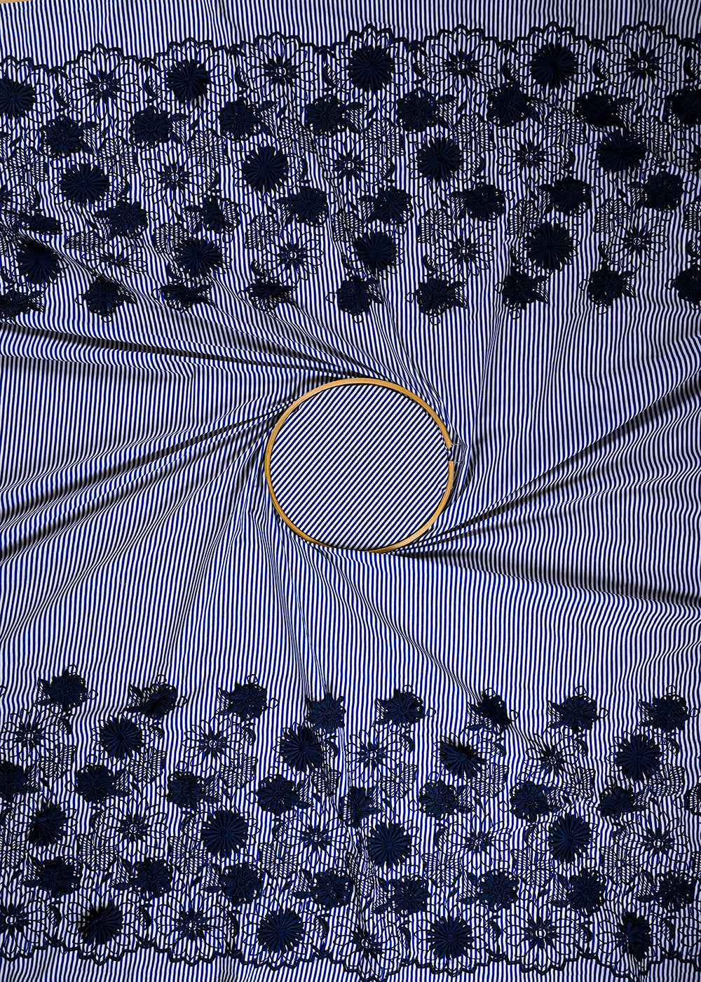 Navy Blue Cotton Fabric With All Over Stripes, Thread And Applique Work Borders 24011