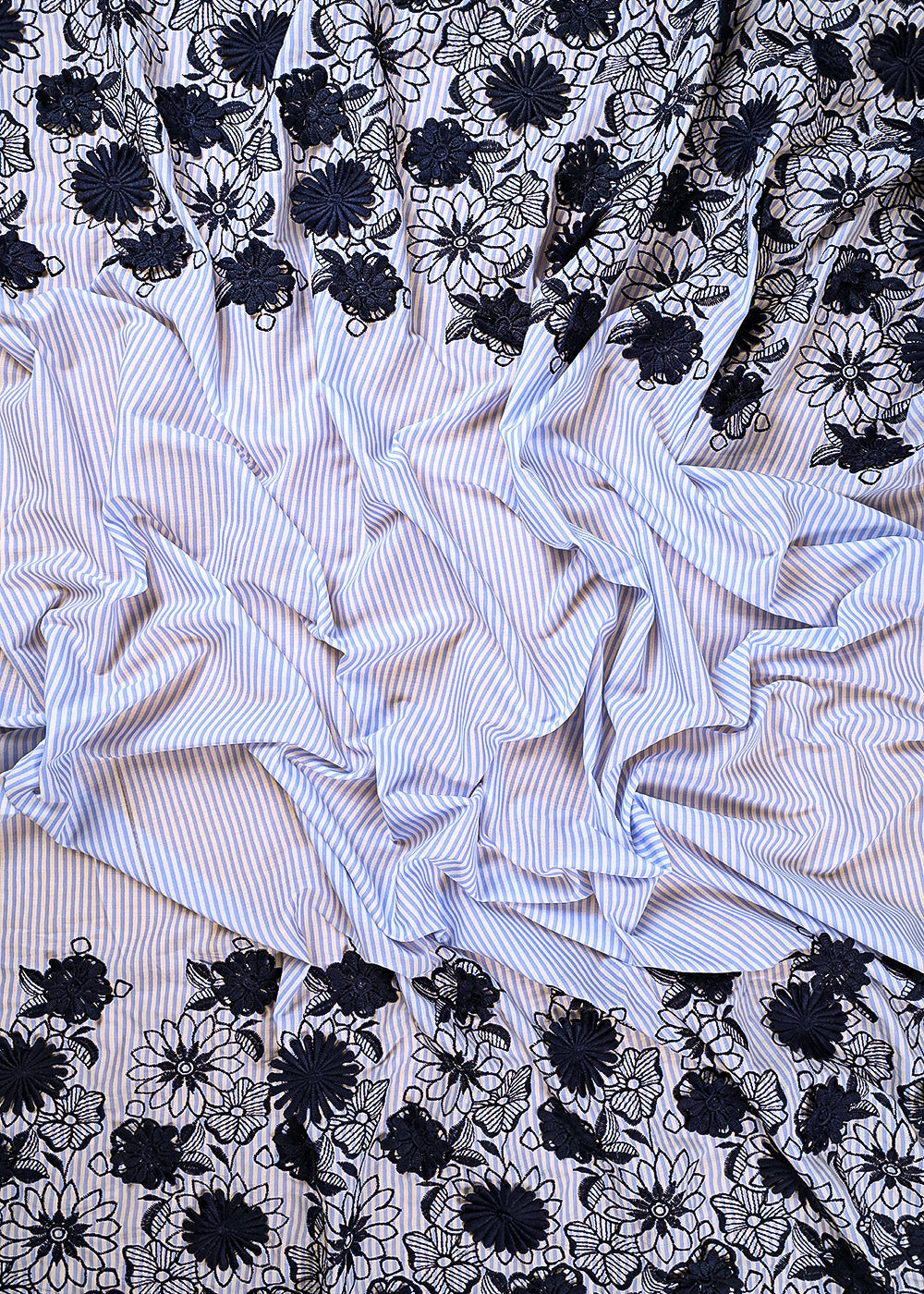 Sky Blue Cotton Fabric With All Over Stripes, Thread And Applique Work Borders 24012