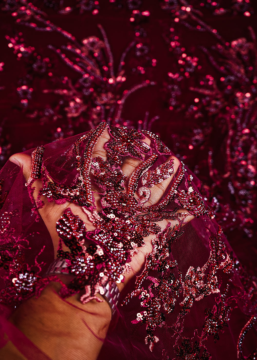 Maroon Net Fabric With All Over Bead, Sequins And Thread Work 24019