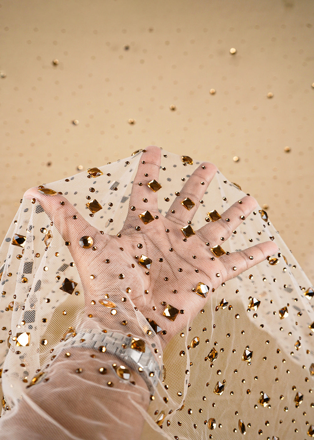 Beige Imported Net Fabric With All Over Stone Work 24023