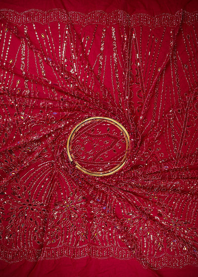 Maroon Imported Net Fabric With All Over Stone, Sequins And Bead Work With Scalloped Border 24027