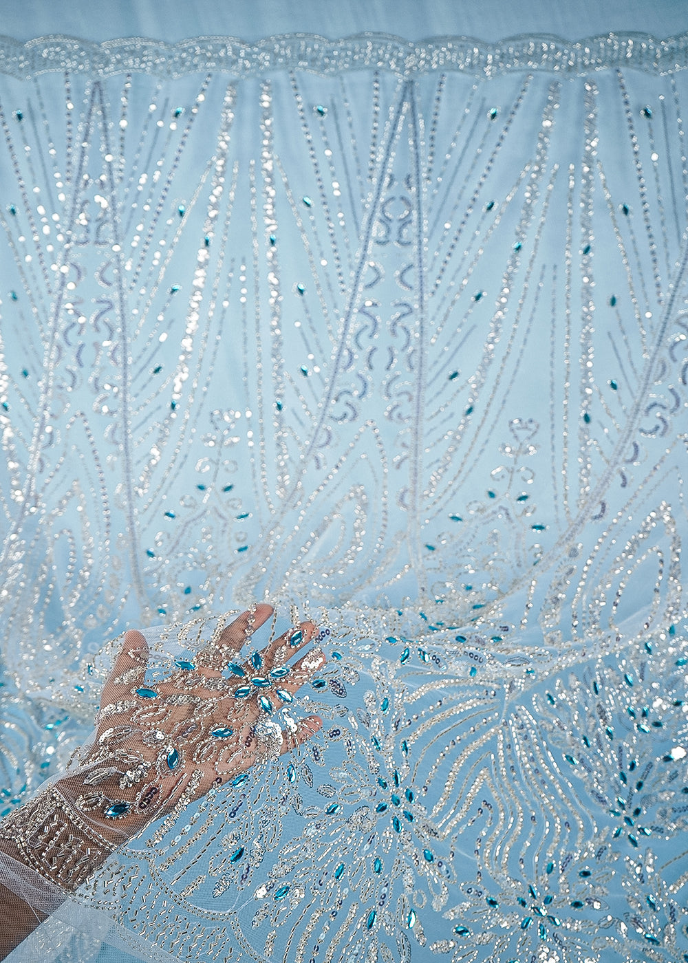 Powder Blue Imported Net Fabric With All Over Stone, Sequins And Bead Work With Scalloped Border 24028